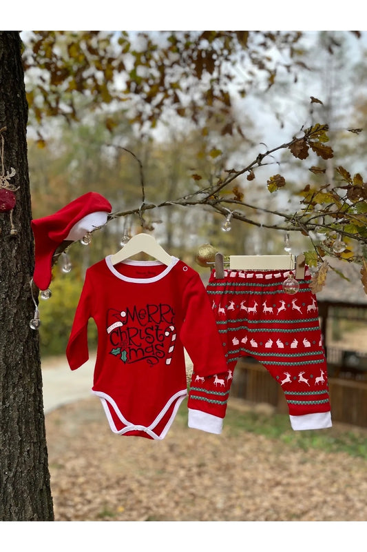 Yılbaşı Temalı Merry Christmas Desenli 3'lü Bebek Takım