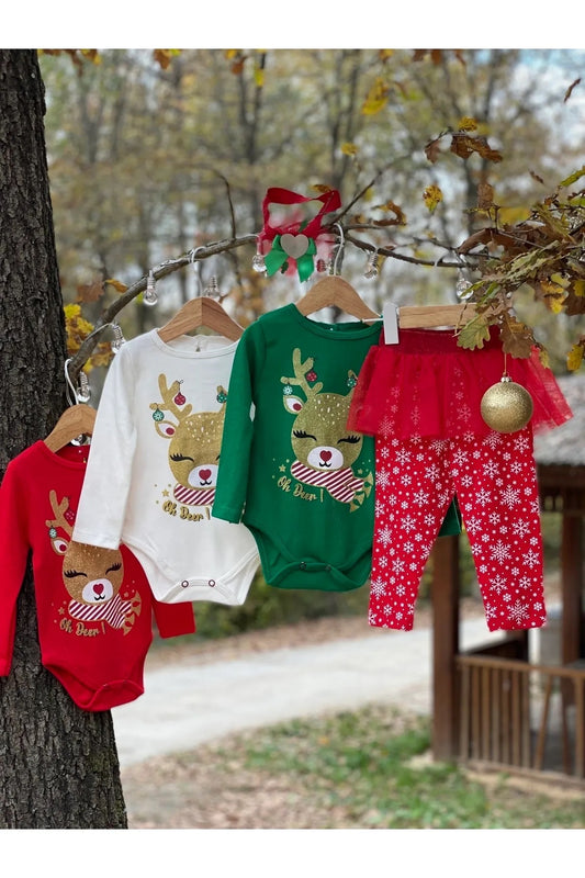 Kırmızı Yılbaşı Temalı Tütü Detaylı Kız Bebek 3'lü Takım