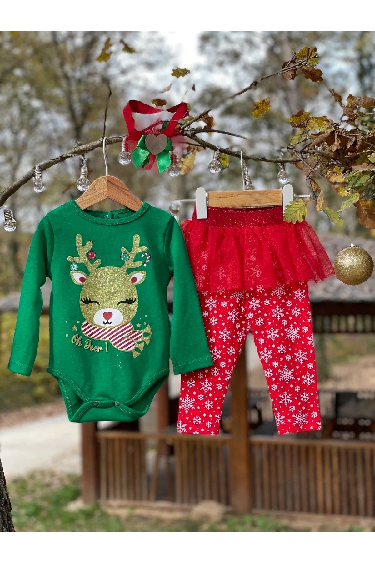 Yeşil Yılbaşı Temalı Tütü Detaylı Kız Bebek 3'lü Takım