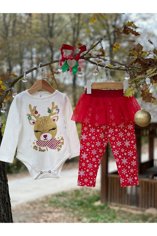 Beyaz Yılbaşı Temalı Tütü Detaylı Kız Bebek 3'lü Takım