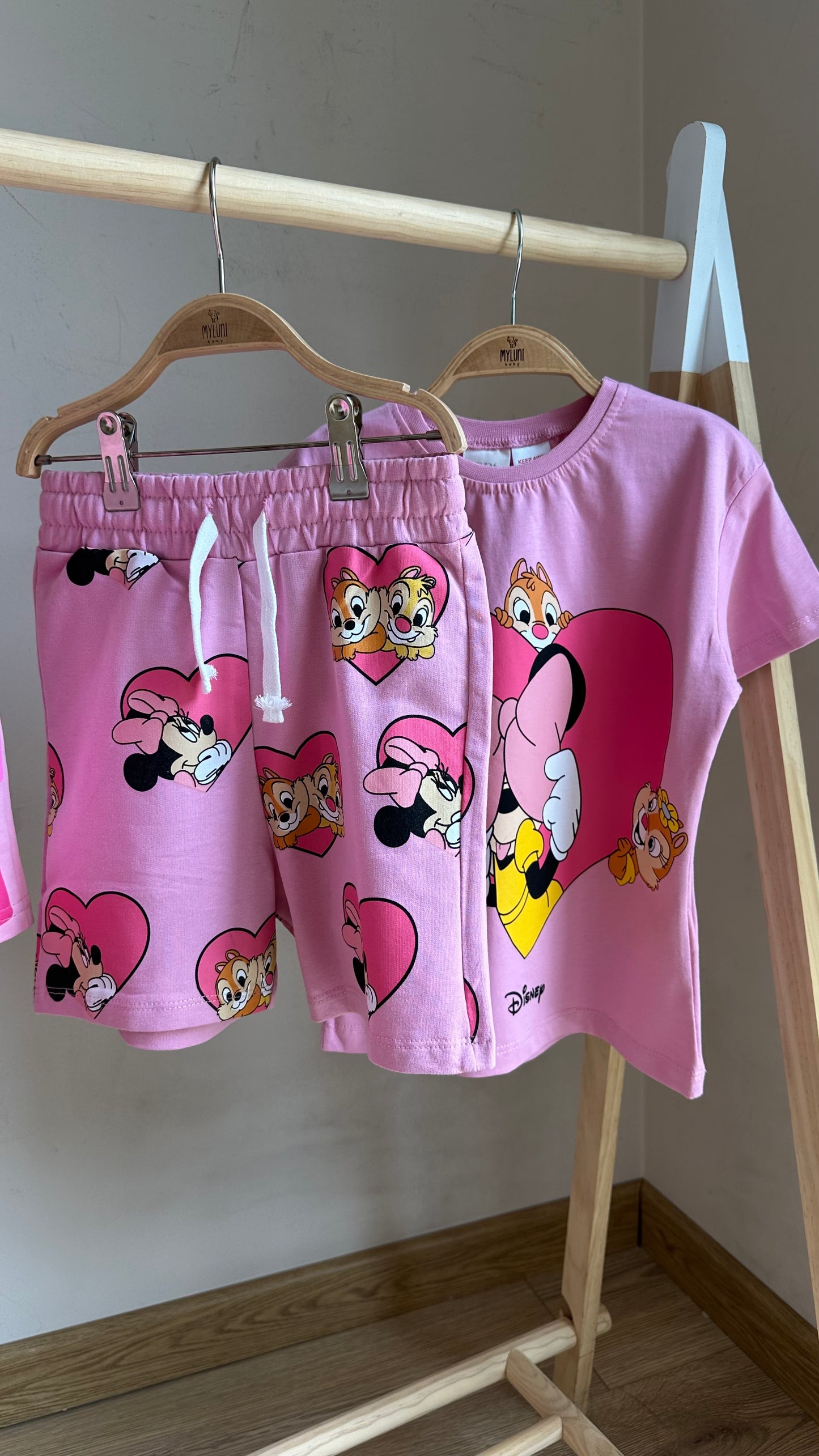 Pembe Disney Baskılı Kız Bebek Şortlu Takım
