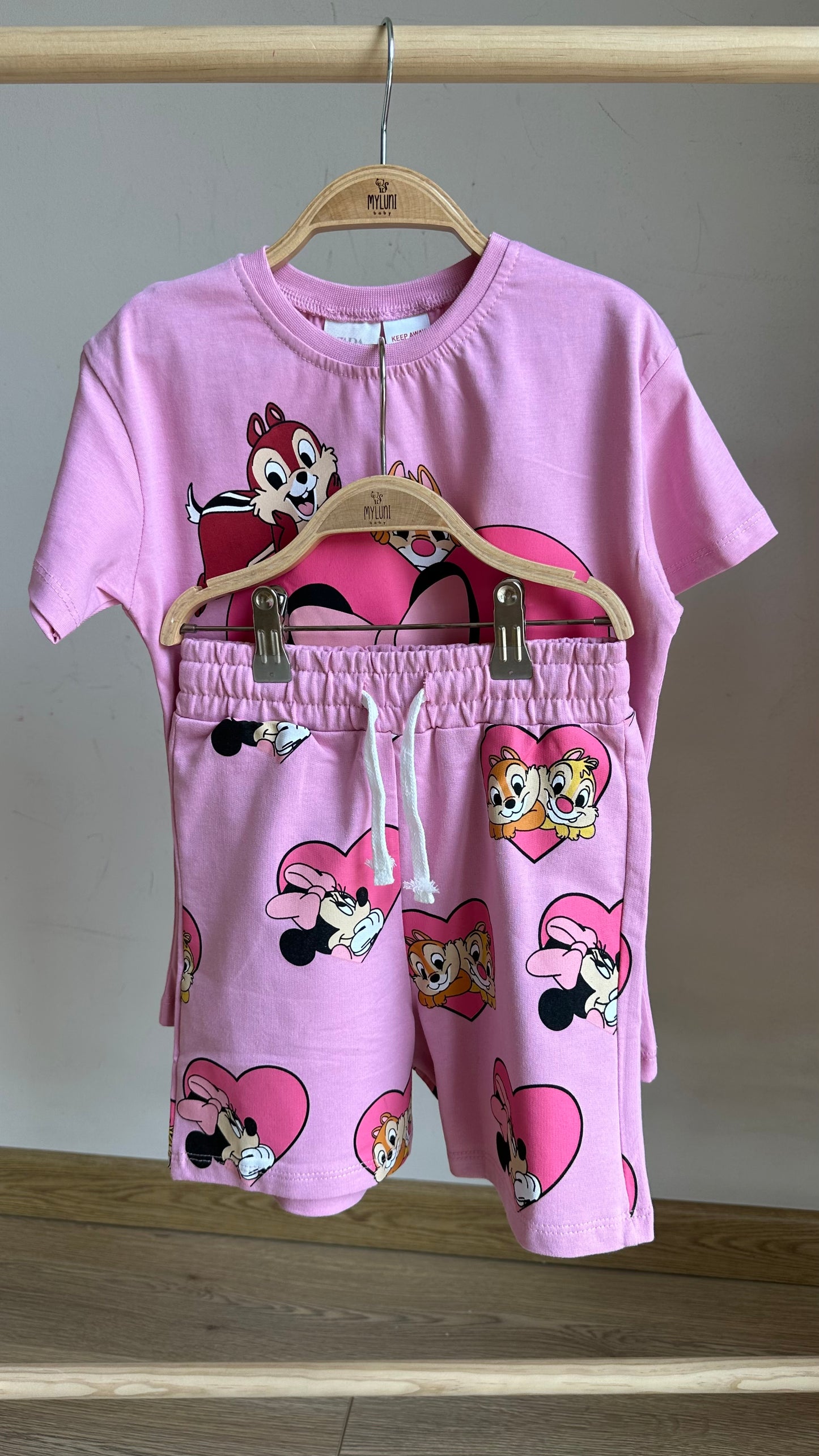 Pembe Disney Baskılı Kız Bebek Şortlu Takım