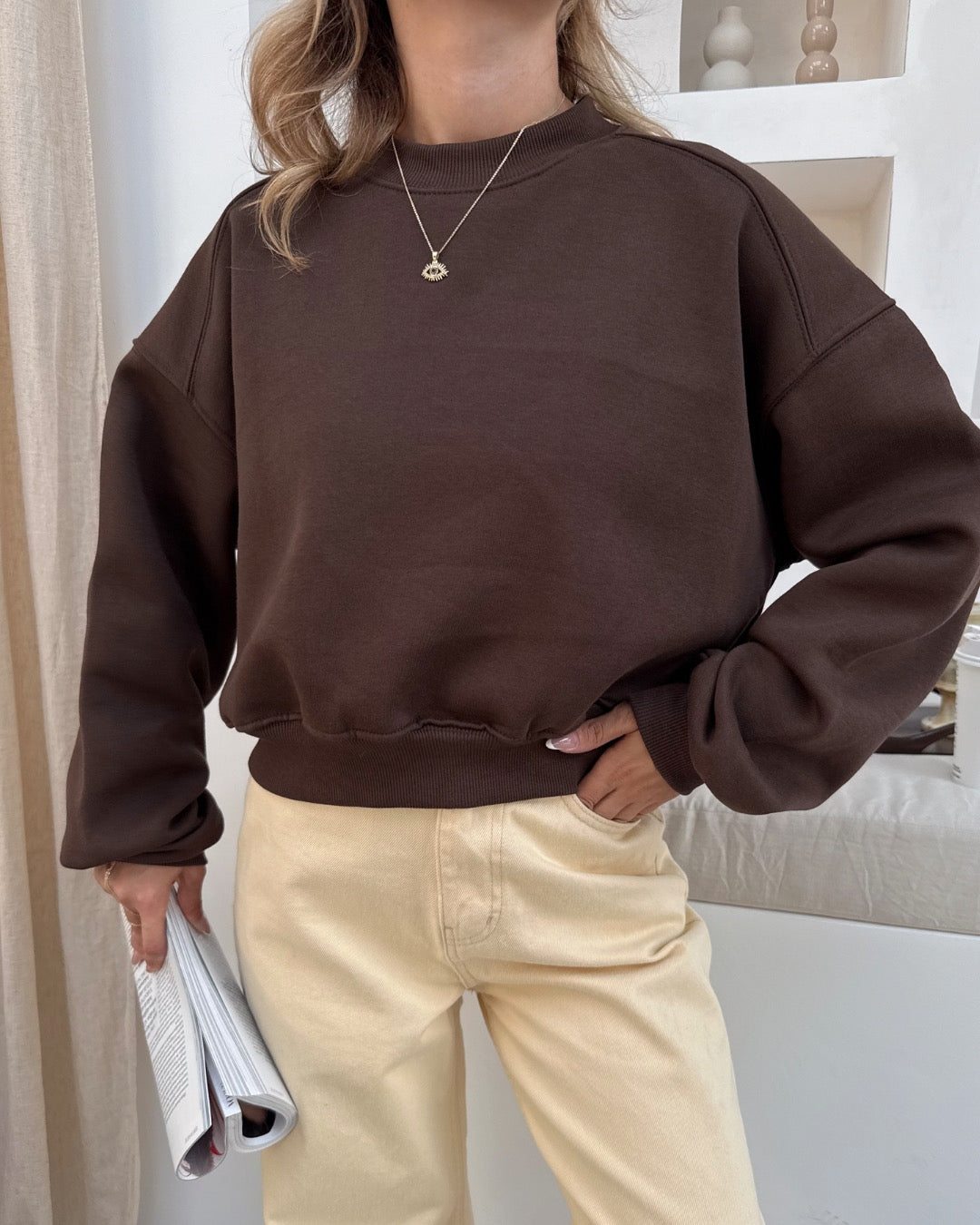 Kahverengi Basic Crop Sweatshirt