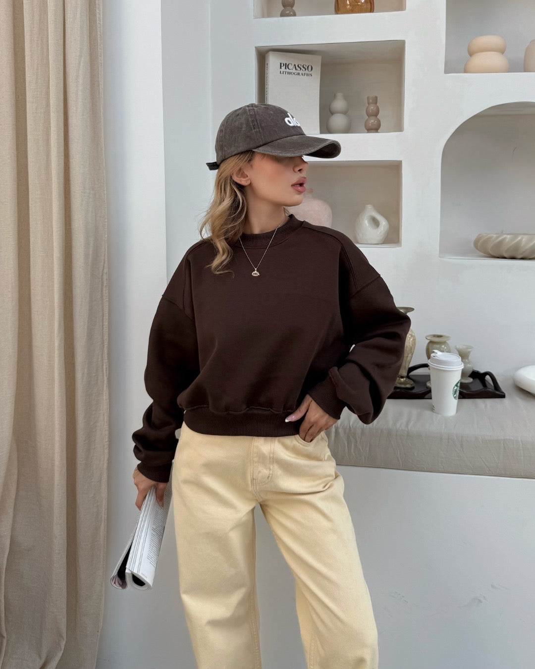 Kahverengi Basic Crop Sweatshirt