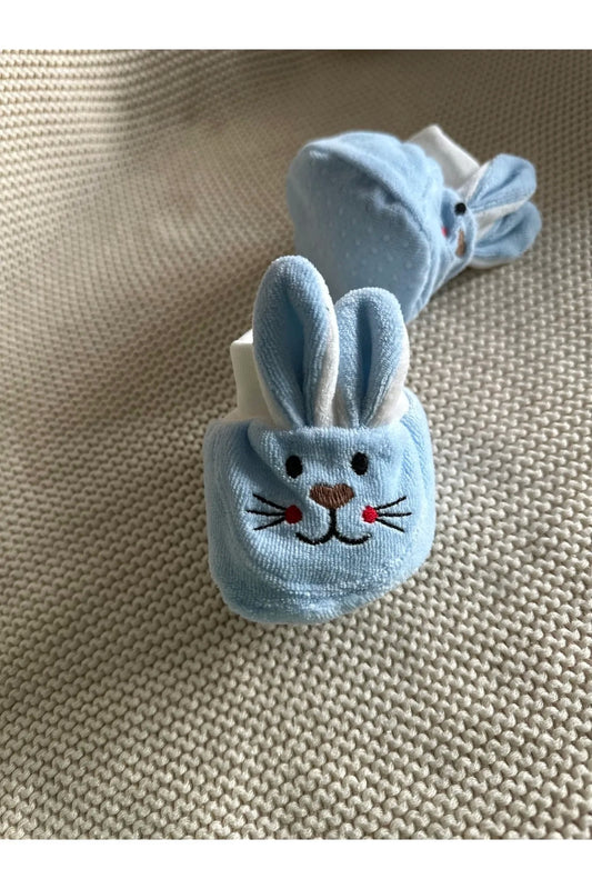 Bebe Mavi Tavşanlı Kaymaz Tabanlı Kadife Bebek Patiği