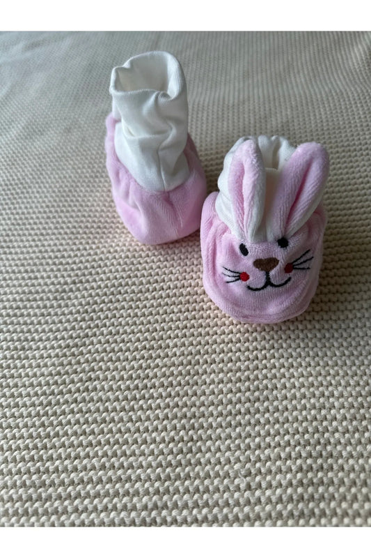 Pembe Tavşanlı Kaymaz Tabanlı Kadife Bebek Patiği