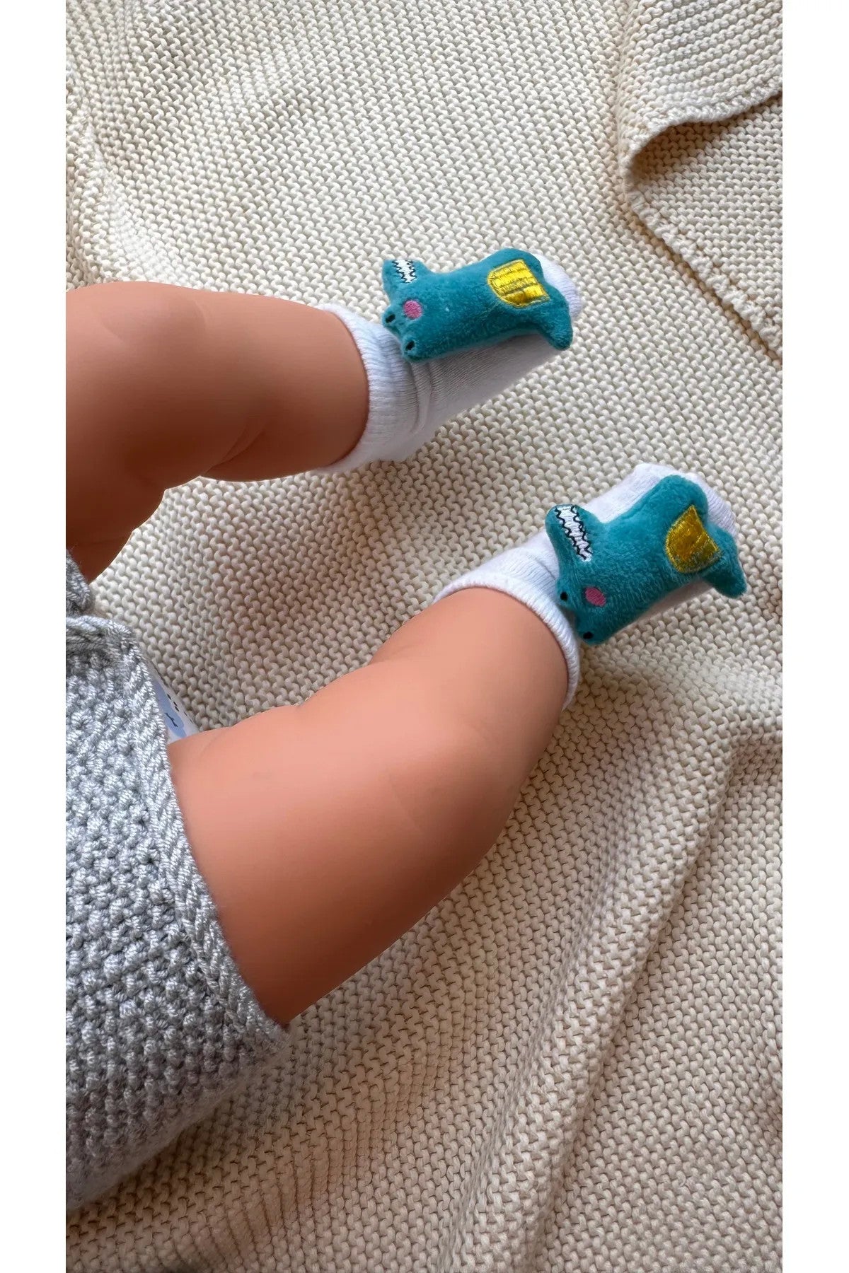 Peluş 3D Dinazor Oyuncaklı Eğlenceli Beyaz Bebek Çorabı