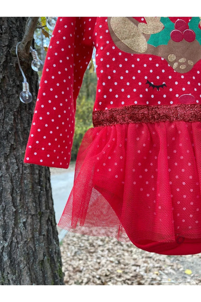 Kırmızı Yılbaşı Temalı Bandanalı Tütülü Kız Bebek Body