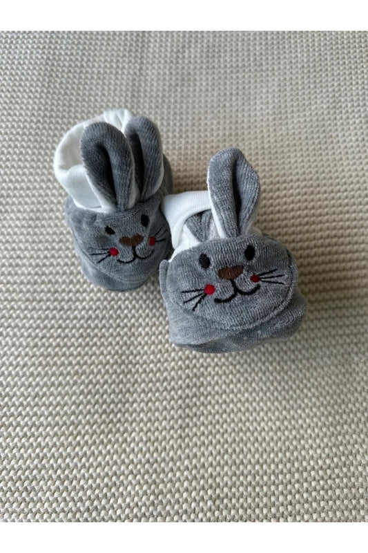 Antrasit Tavşanlı Kaymaz Tabanlı Kadife Bebek Patiği