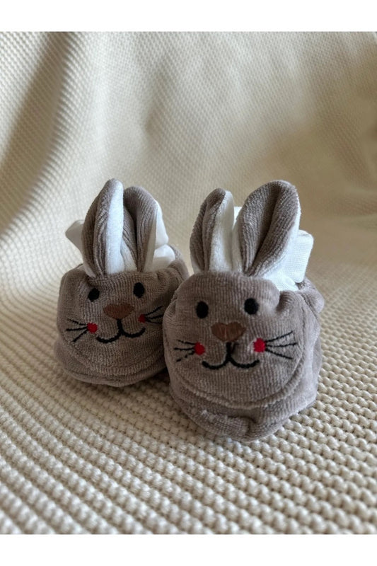 Kahverengi Tavşanlı Kaymaz Tabanlı Kadife Bebek Patiği