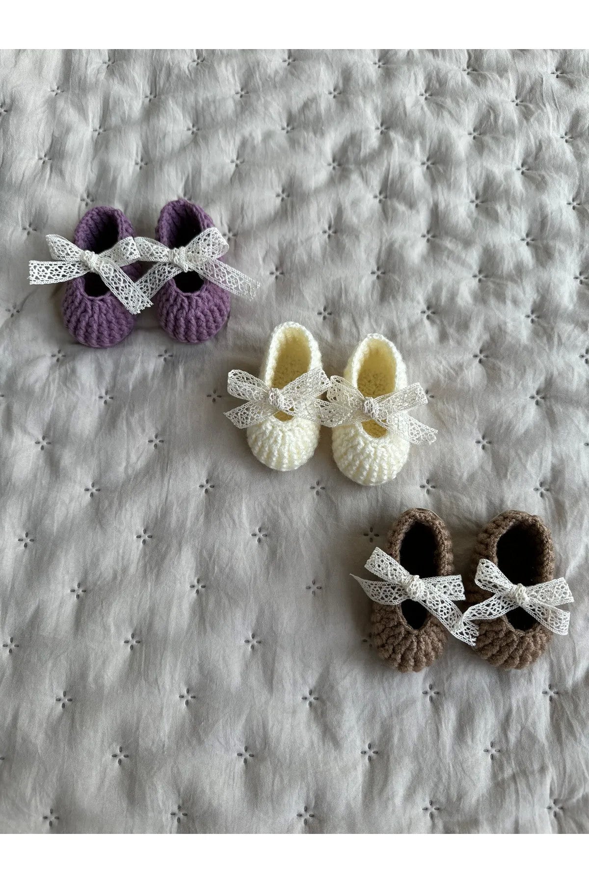Mor Handmade Güpür Bağcıklı Yenidoğan Kız Bebek Babet