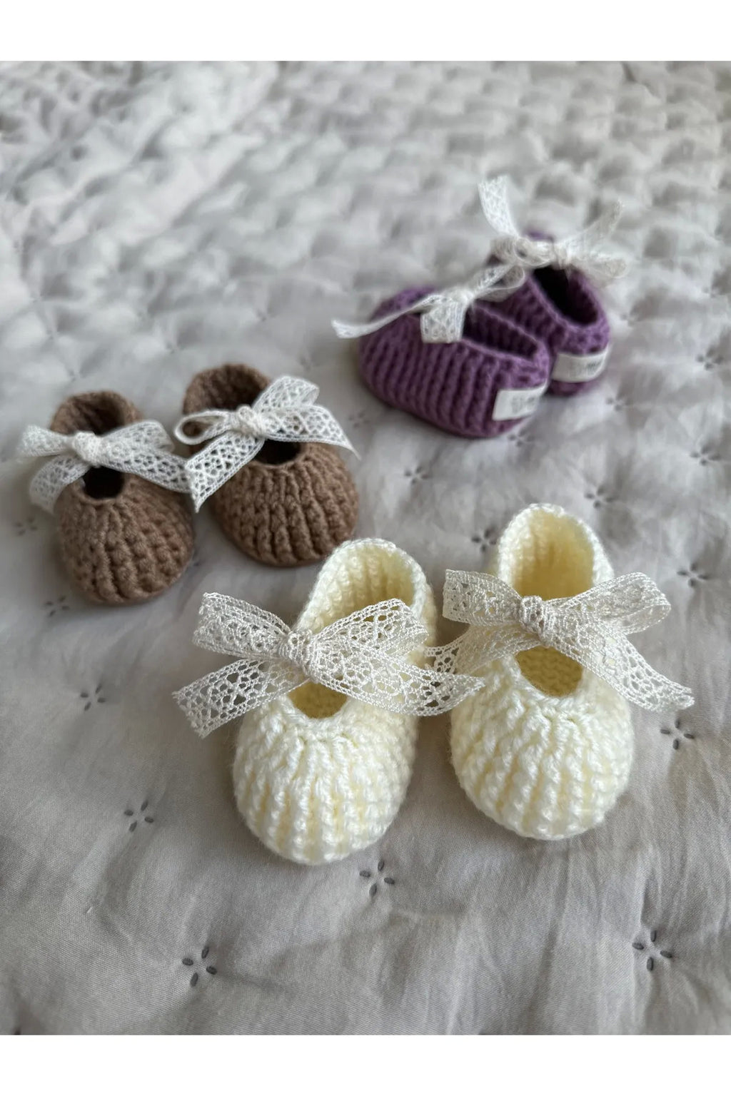 Krem Handmade Güpür Bağcıklı Yenidoğan Kız Bebek Babet