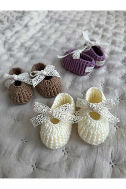Handmade Güpür Bağcıklı Yenidoğan Kız Bebek Babet