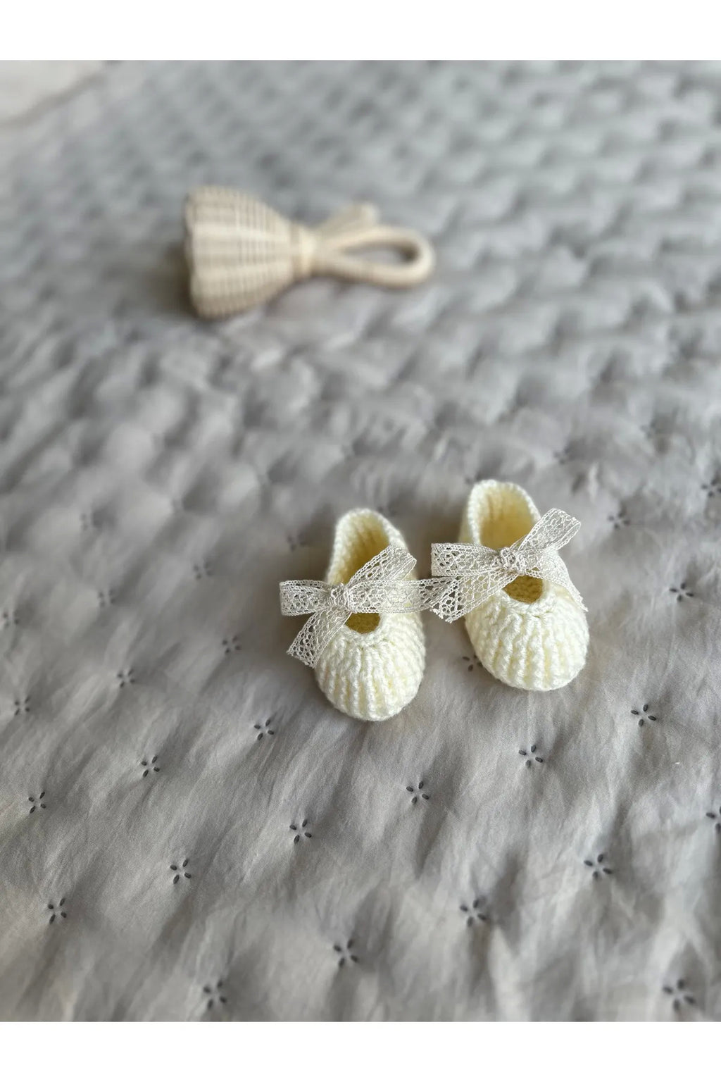 Krem Handmade Güpür Bağcıklı Yenidoğan Kız Bebek Babet