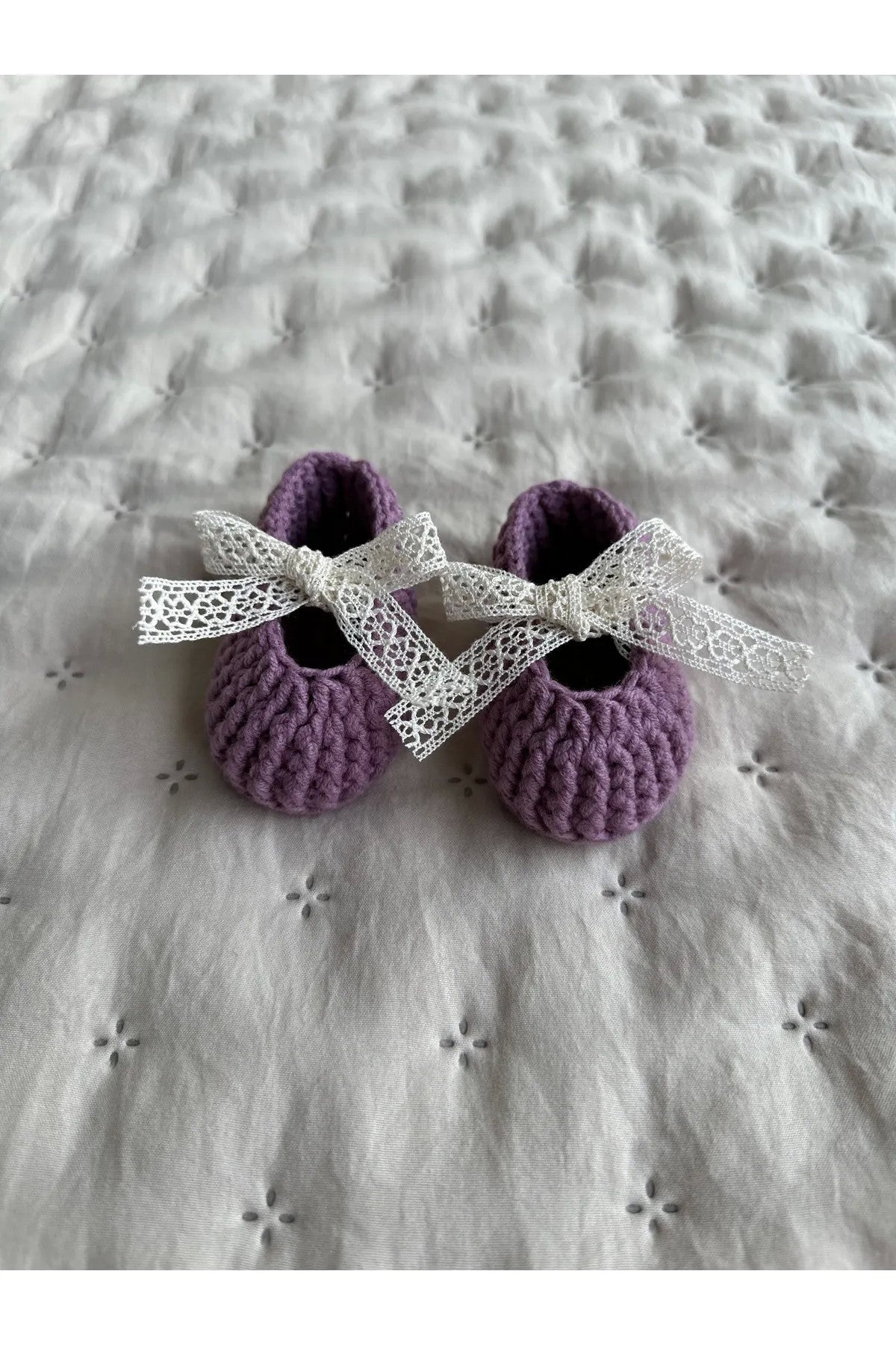 Mor Handmade Güpür Bağcıklı Yenidoğan Kız Bebek Babet