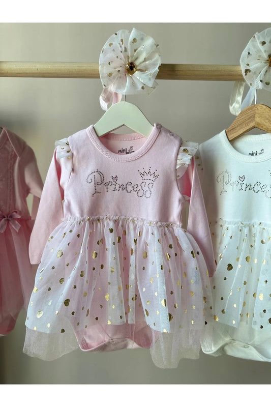 Pembe Puantiyeli Tütü Etekli Saç Bantlı Elbise Set