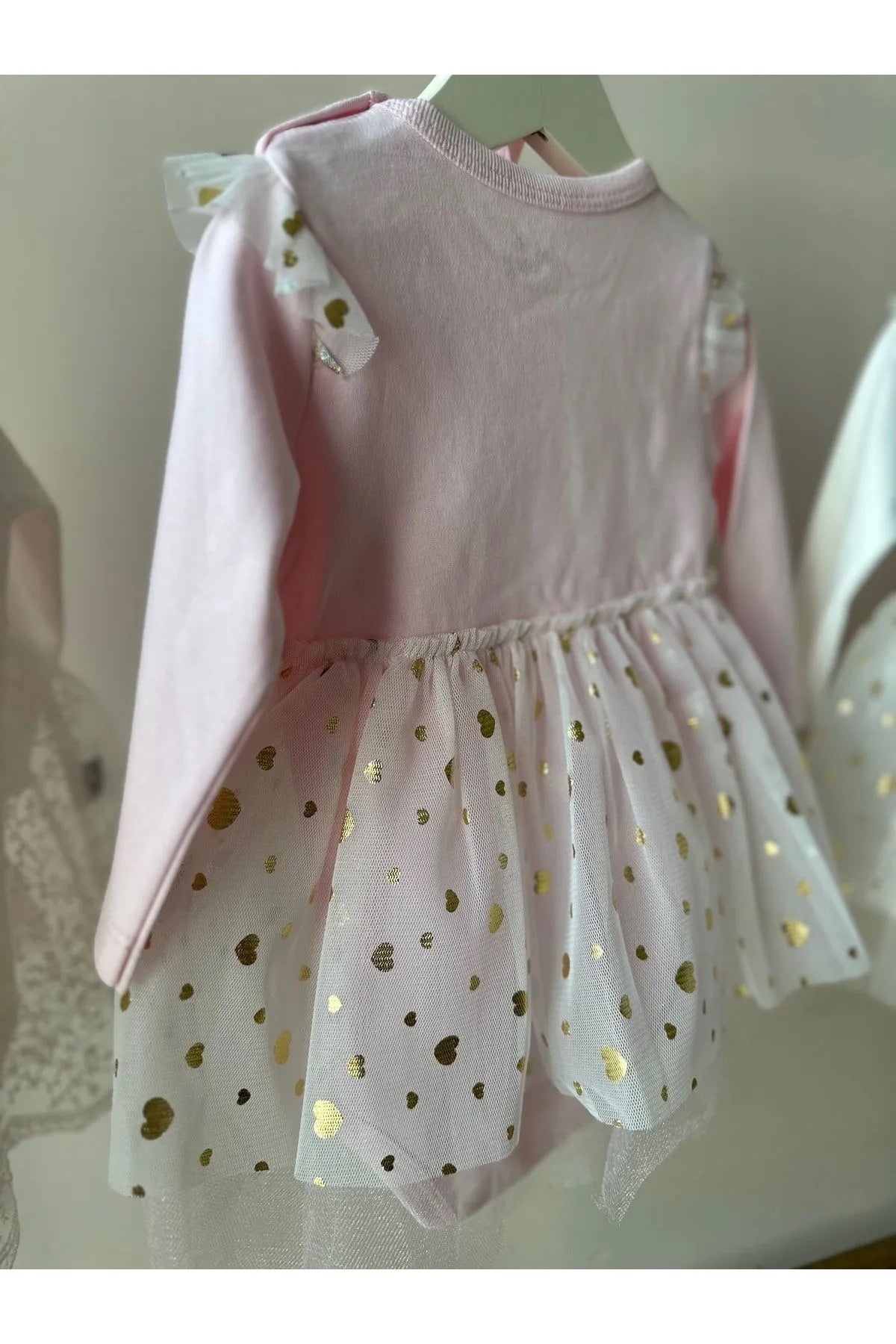 Pembe Puantiyeli Tütü Etekli Saç Bantlı Elbise Set