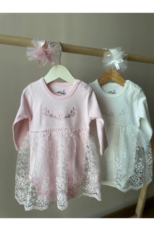 Pembe Dantel Etekli Saç Bantlı Kız Bebek Elbise Set