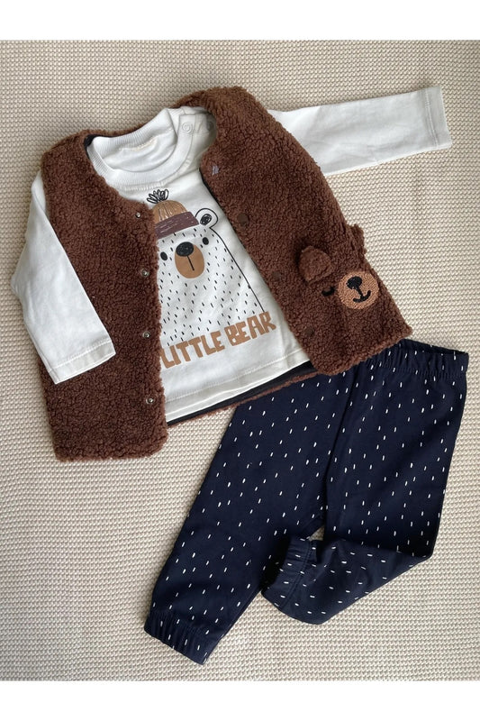 Kahverengi Teddy Pelüş Yelekli 3’lü Bebek Takım