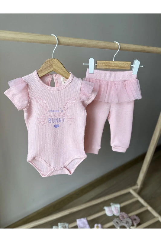 Pembe Tütülü Tavşan Nakış Detaylı 2li Kız Bebek Takımı