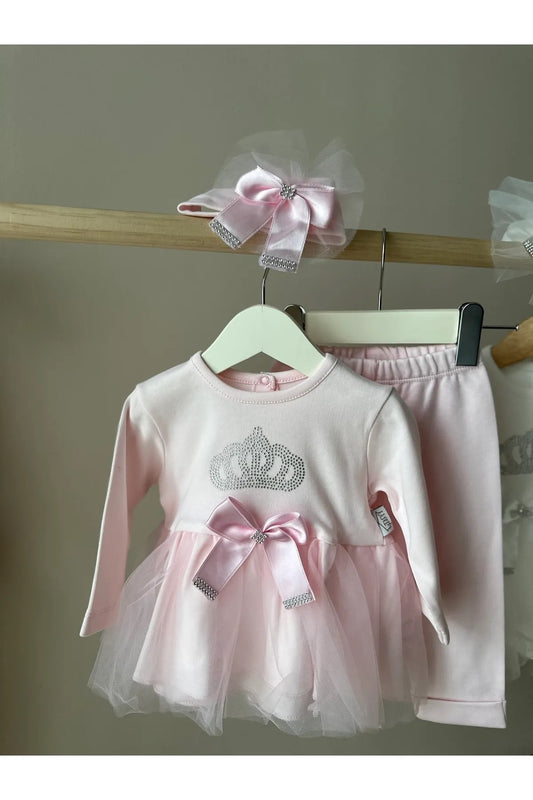 Pembe Tütülü Saç Bantlı 3lü Kız Bebek Takım