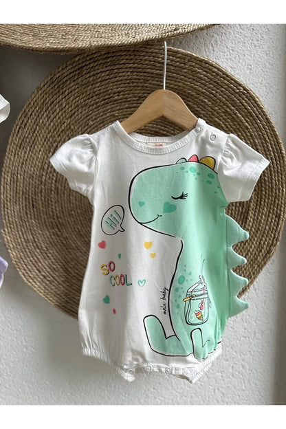Yeşil Dinazor Baskılı Çıtçıtlı Bebek Body