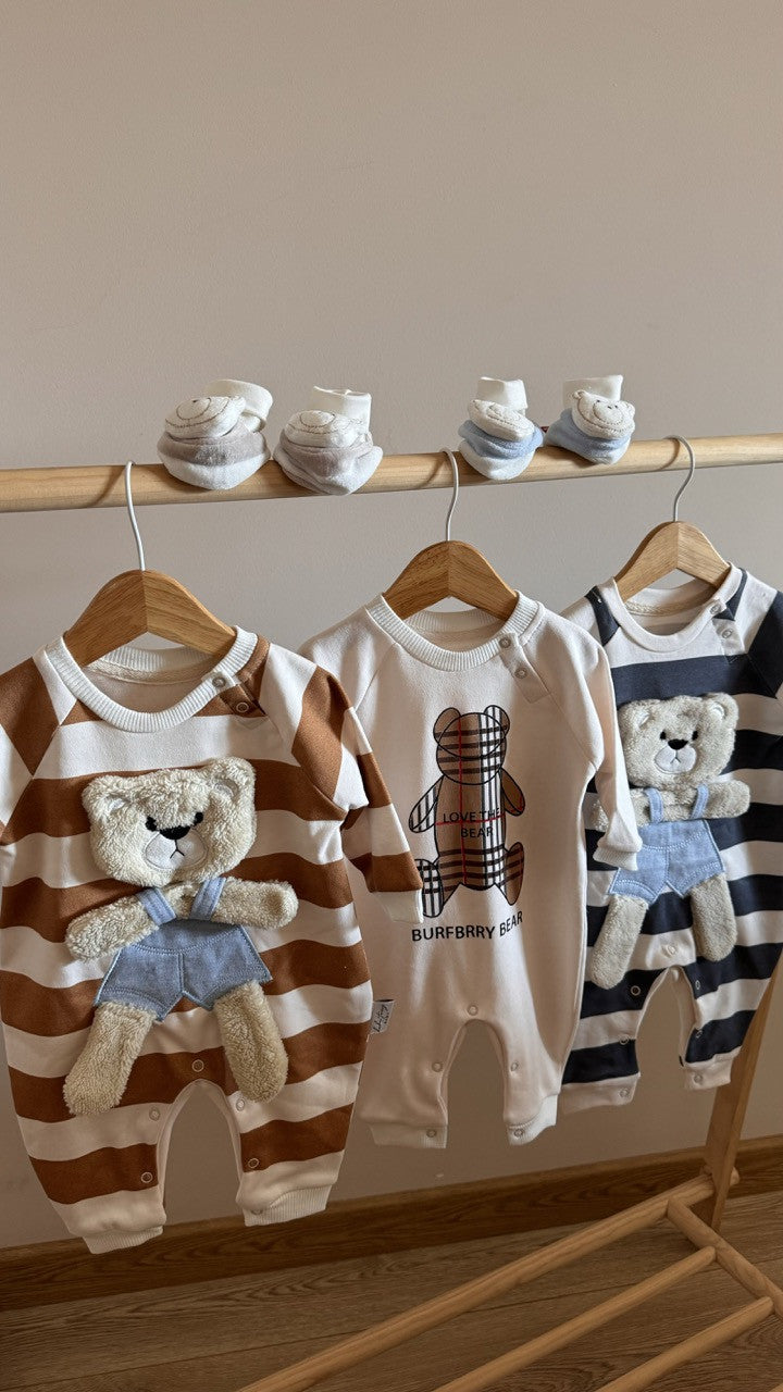 Kahverengi Çizgili Peluş Ayıcıklı Erkek Bebek Tulum