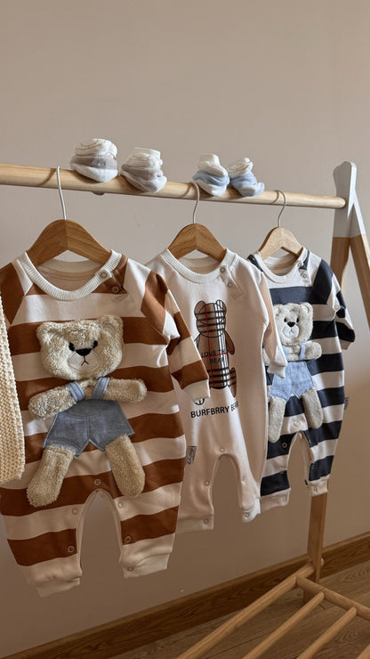 Kahverengi Çizgili Peluş Ayıcıklı Erkek Bebek Tulum