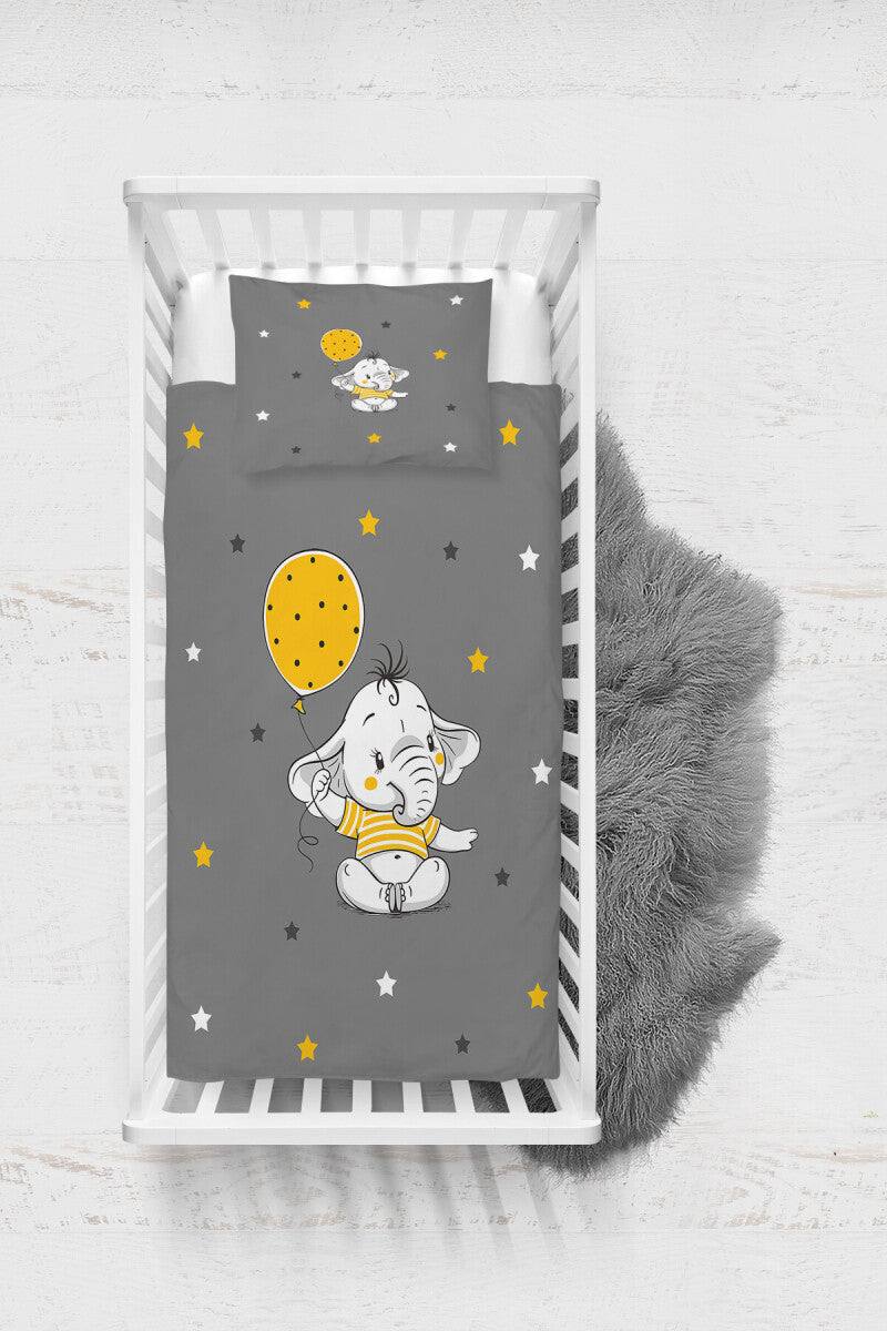 Gri Fil Desenli Erkek Bebek 3'lü Nevresim Takımı