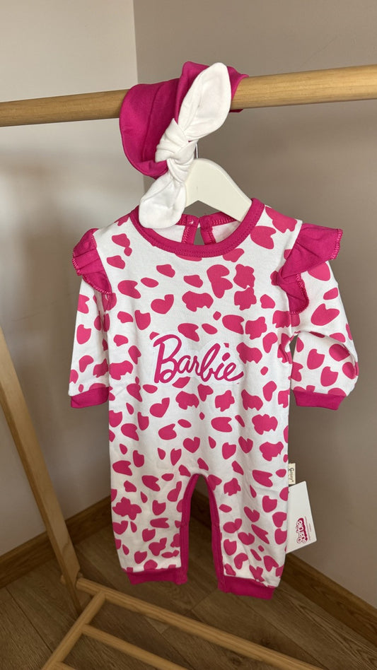 Pembe Barbie Fırfırlı ve Bandanalı Kız Bebek Tulum