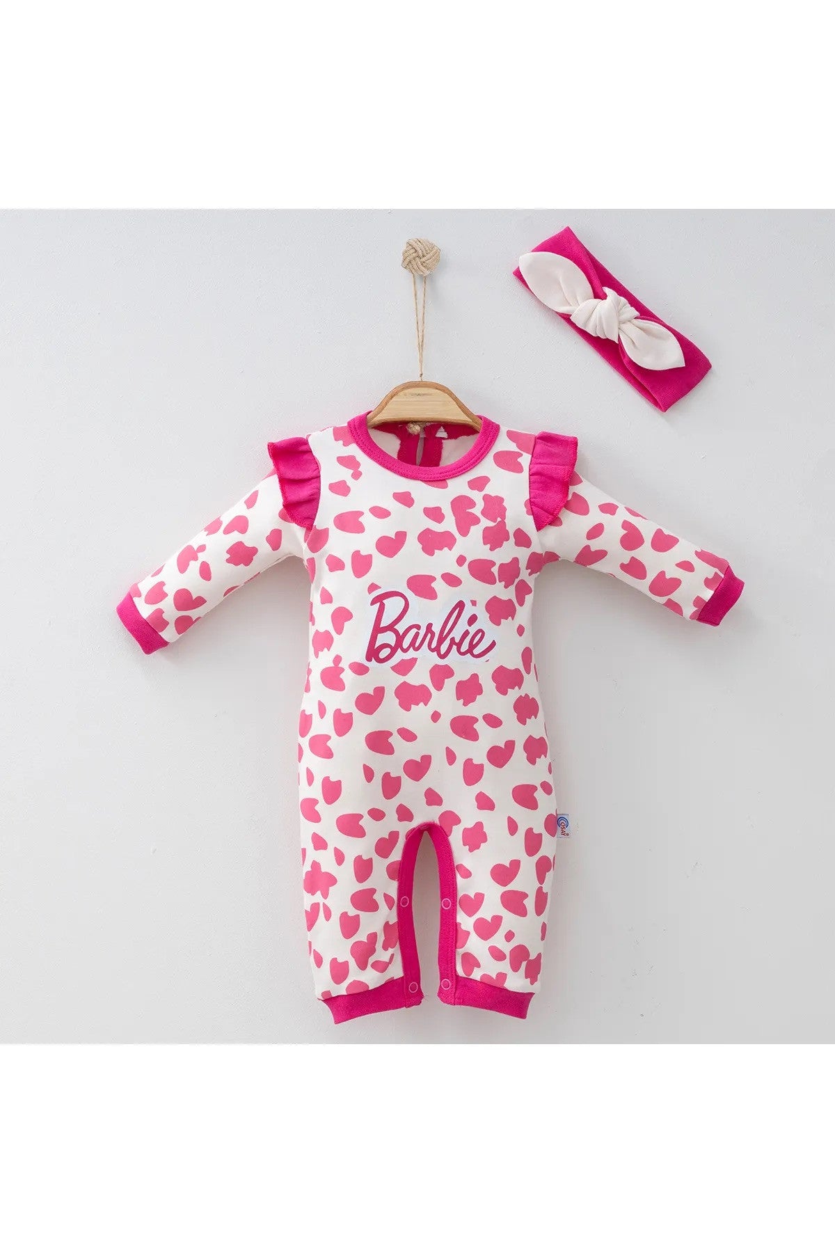 Pembe Barbie Fırfırlı ve Bandanalı Kız Bebek Tulum