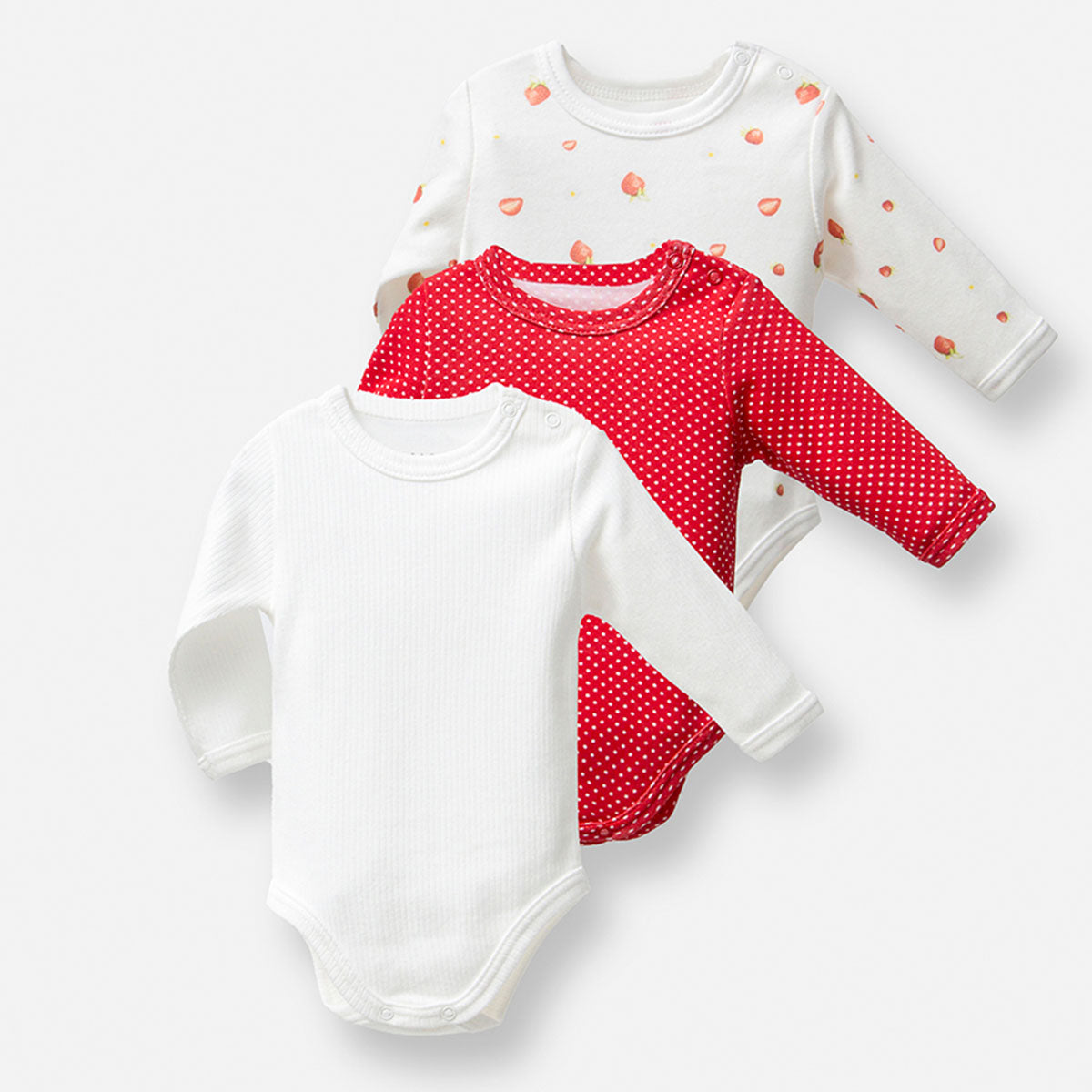 Çilek Baskılı Uzun Kollu 3’lü Çıtçıtlı Kız Bebek Body