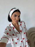 Kalp Desenli Saten Kadın Pijama Takımı