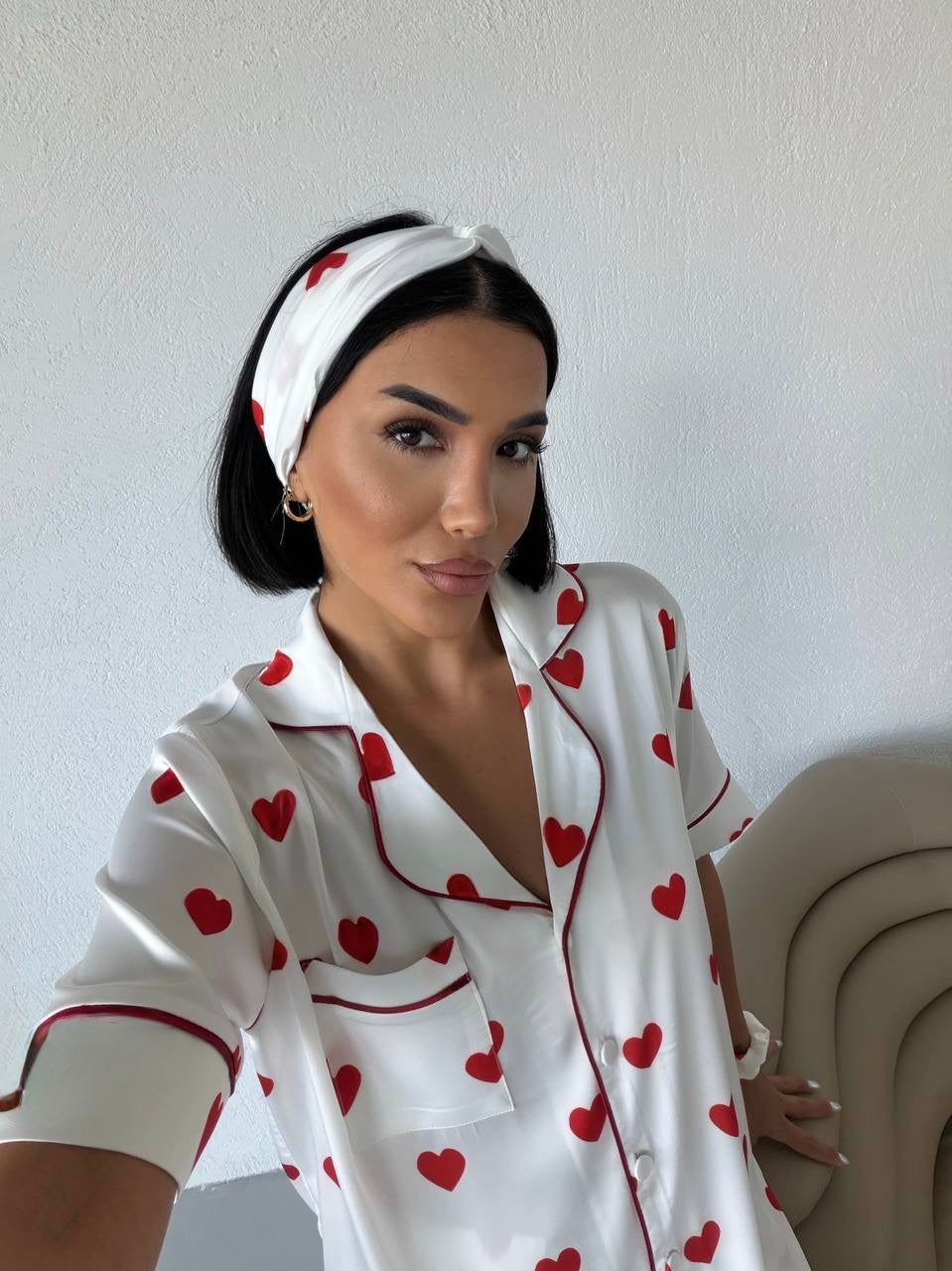 Kalp Desenli Saten Kadın Pijama Takımı
