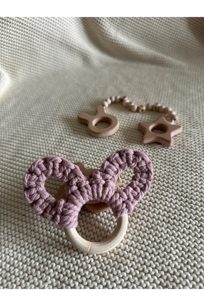Pembe Kulak Örgülü Ahşap Halka Diş Kaşıyıcı