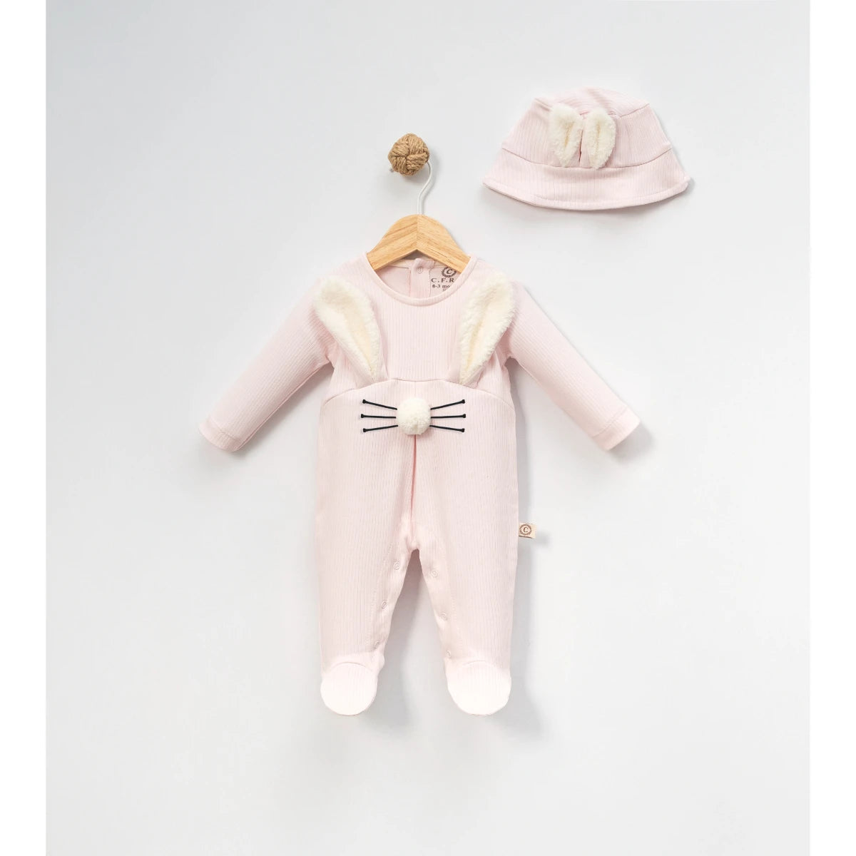 Pembe Tavşanlı 2'li Erkek Bebek Tulum Şapka Seti
