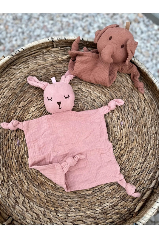 Çıngıraklı Tavşan Figürlü Muslin Bebek Uyku Arkadaşı