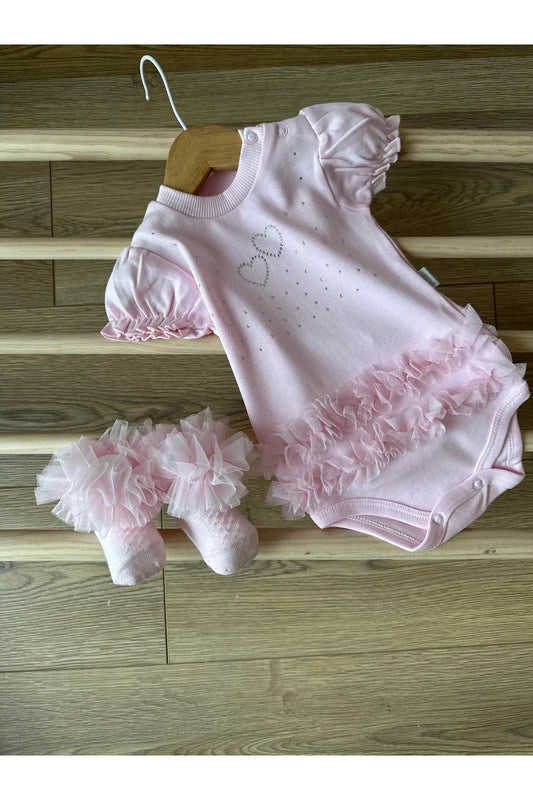 Pembe Tül Detaylı Kız Bebek Çıtçıtlı Body