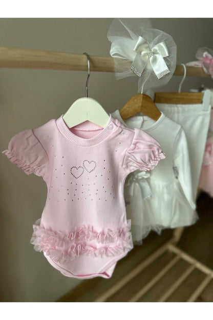 Pembe Tül Detaylı Kız Bebek Çıtçıtlı Body