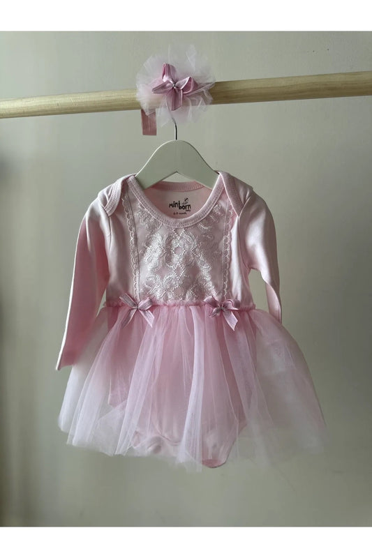 Pembe Tütü Etekli Saç Bantlı Kız Bebek Elbise Set