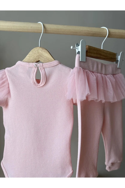 Pembe Tütülü Tavşan Nakış Detaylı 2li Kız Bebek Takımı