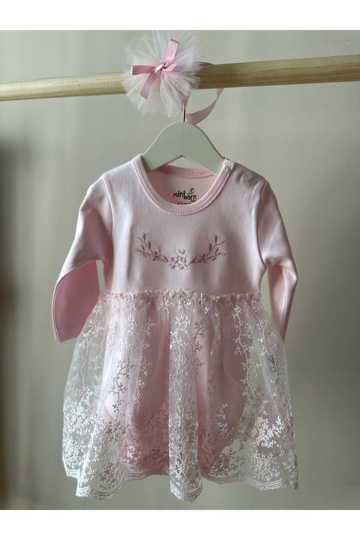 Pembe Dantel Etekli Saç Bantlı Kız Bebek Elbise Set