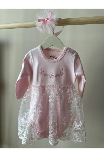 Pembe Dantel Etekli Saç Bantlı Kız Bebek Elbise Set
