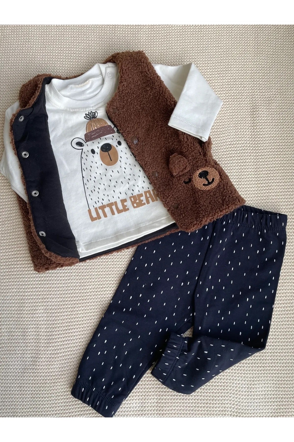 Kahverengi Teddy Pelüş Yelekli 3’lü Bebek Takım