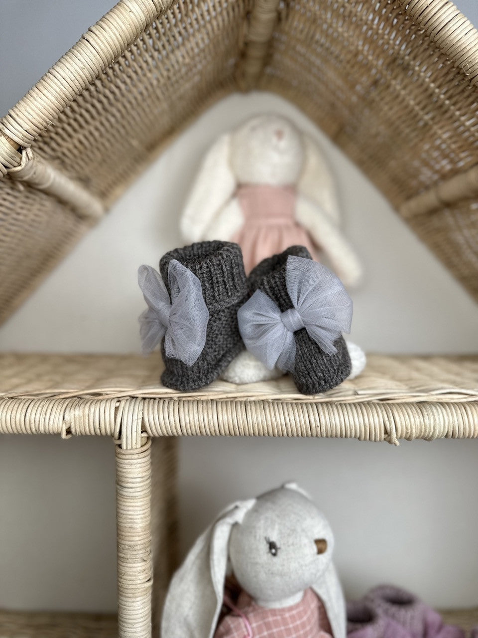 Antrasit Handmade Tül Fiyonk Detaylı Kız Bebek Patik