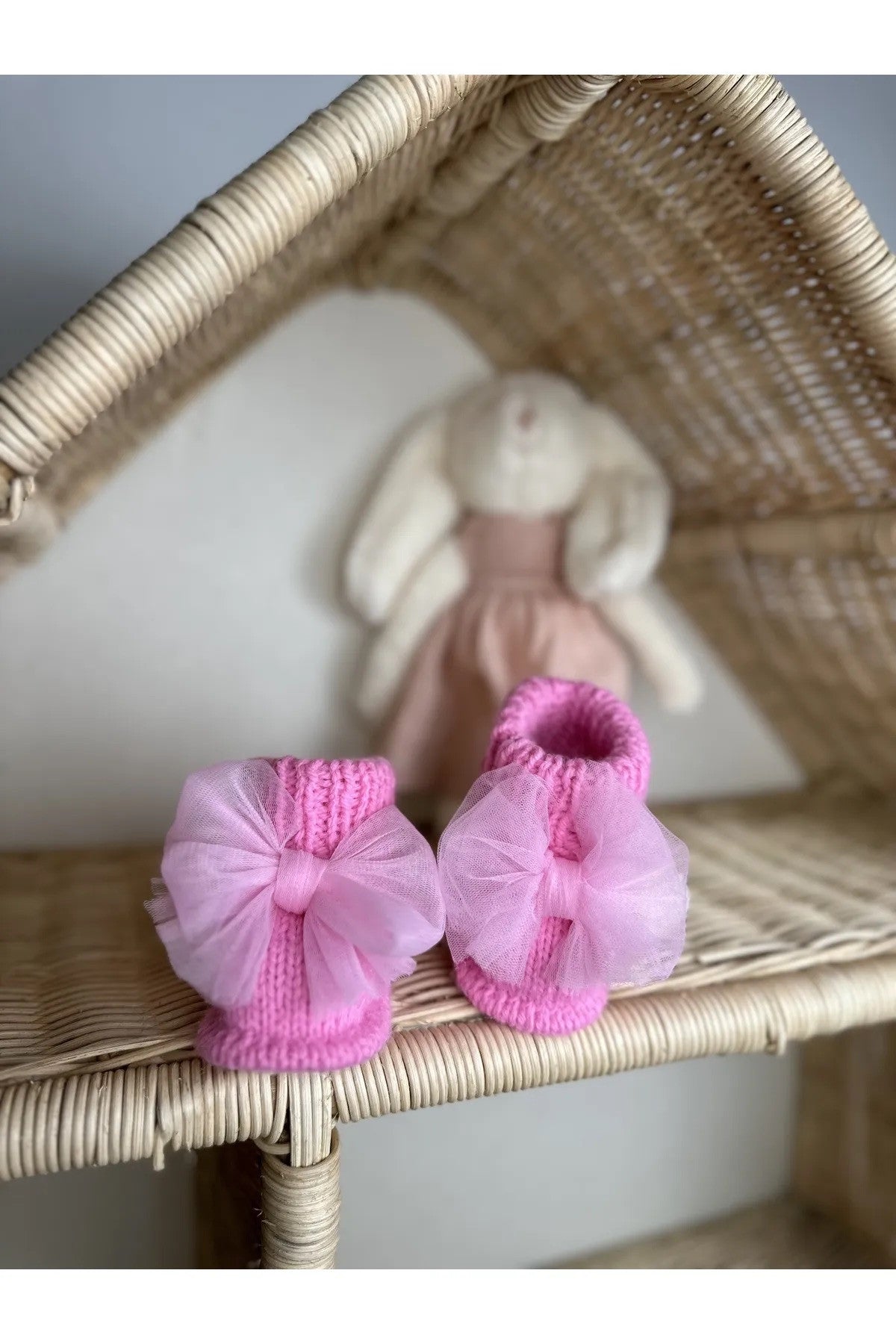 Pembe Handmade Tül Fiyonk Detaylı Kız Bebek Patik