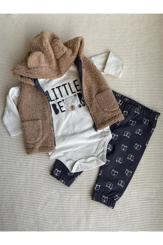 Bej Teddy Bear Pelüş Kapüşonlu Yelekli 3'lü Bebek Takım
