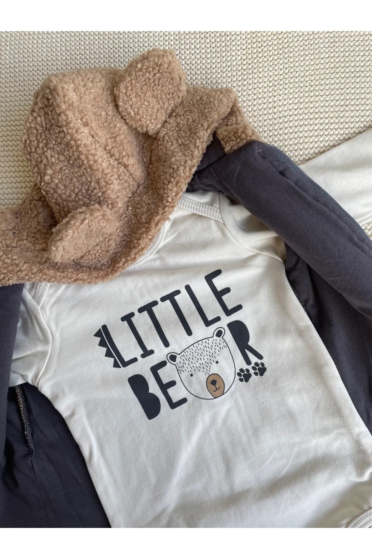 Bej Teddy Bear Pelüş Kapüşonlu Yelekli 3'lü Bebek Takım