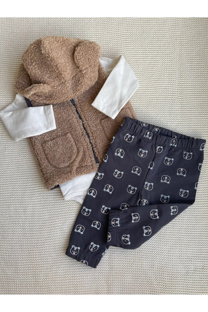Bej Teddy Bear Pelüş Kapüşonlu Yelekli 3'lü Bebek Takım