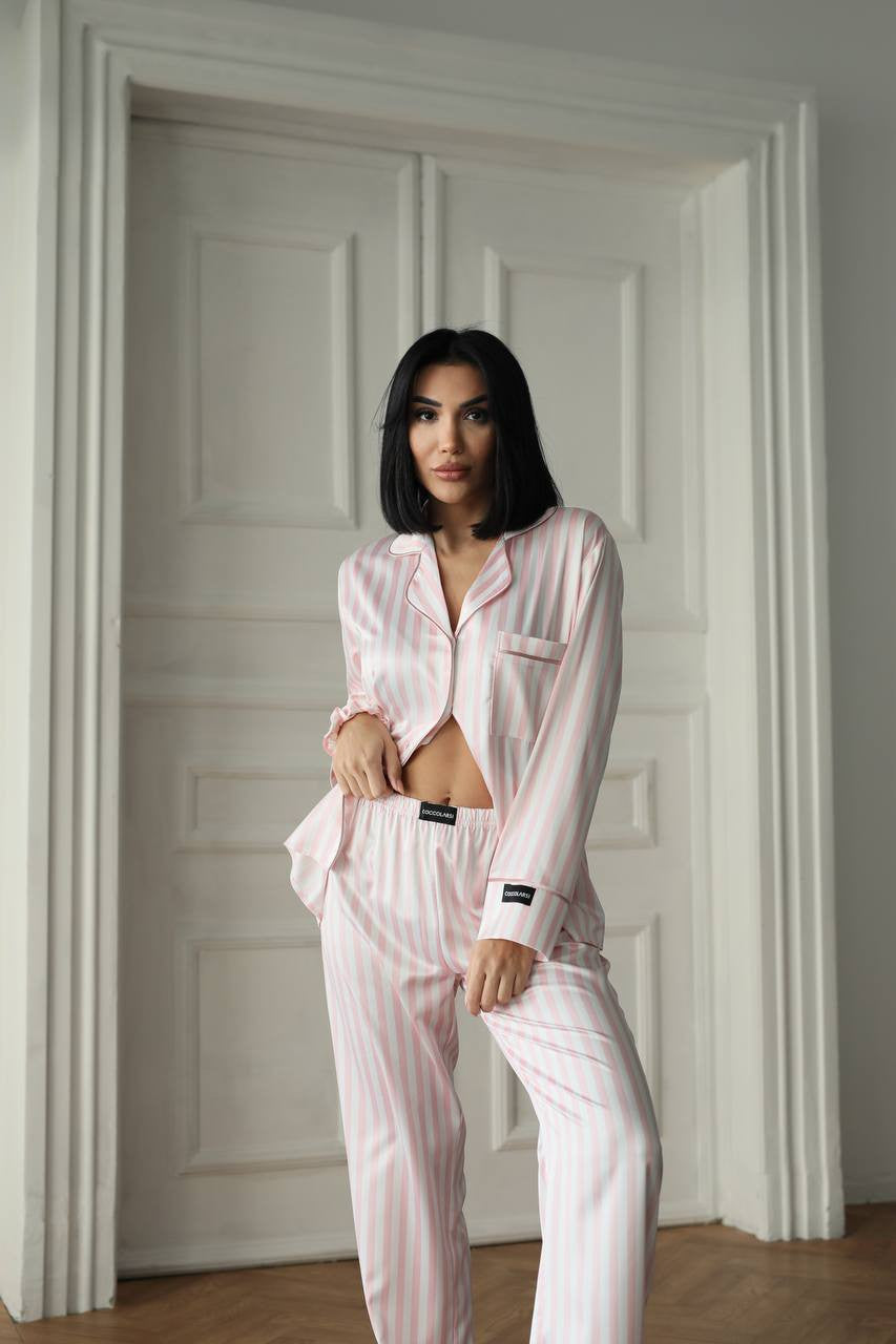 Pembe Çizgili Saten Gömlek Kadın Pijama Takımı